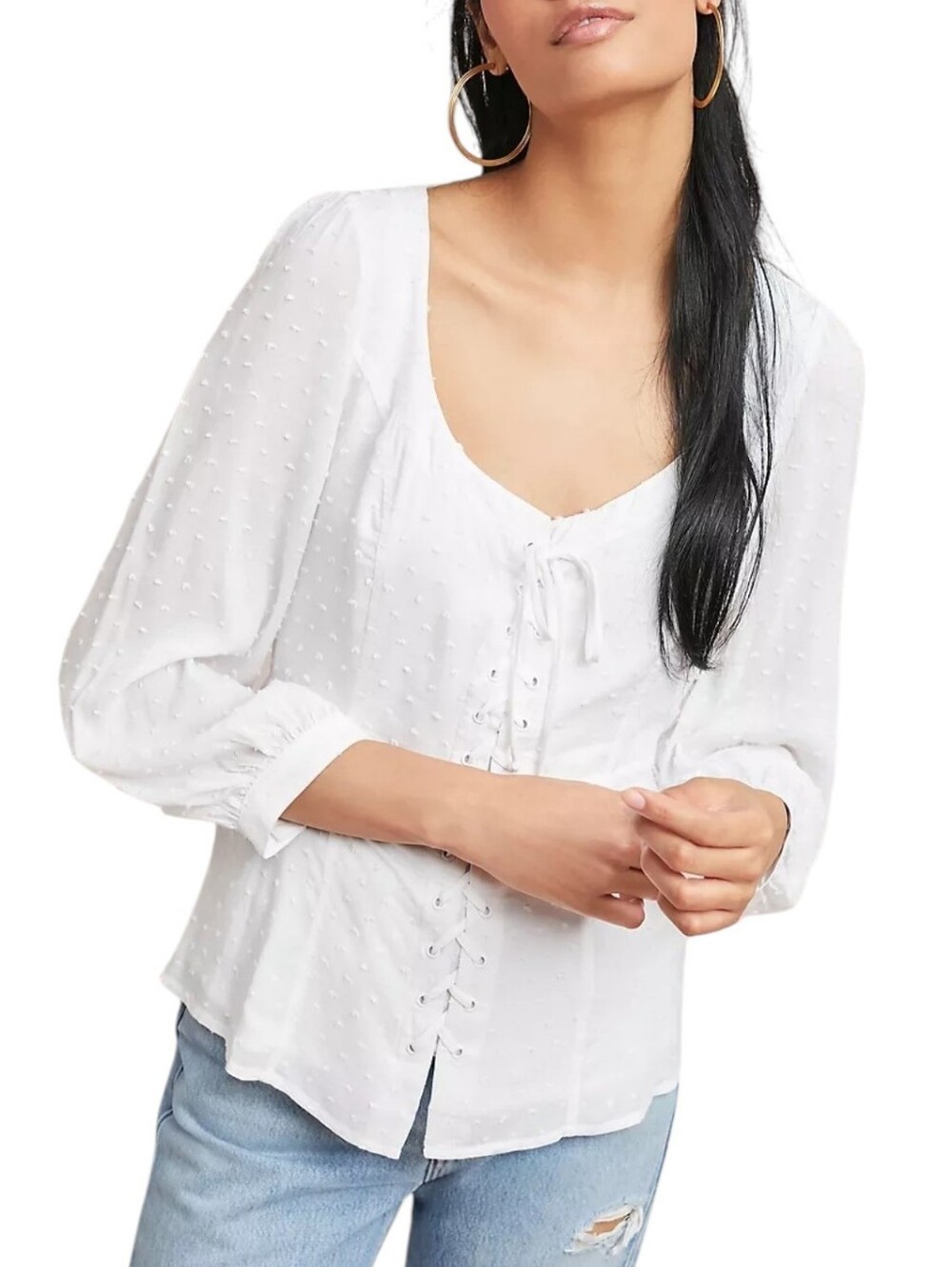 Anthropologie Maeve Lisette Lace Up Swiss Dot White Blouse 3/4 Sleeve Size 2